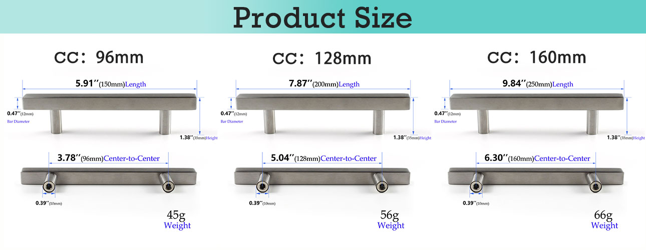 Square T Bar Stainless Steel Drawer Pulls Size